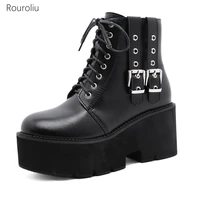 2021 new fashion belt buckle chunky heel ankle boots autumn winter round toe side zipper thick platform womens boots