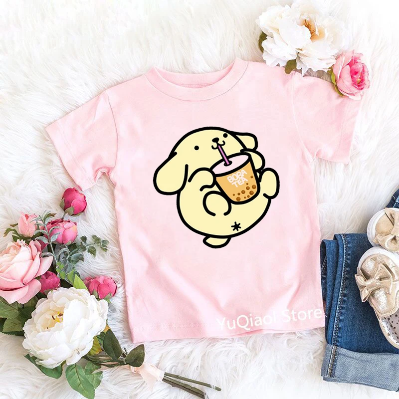 

Cute Pompompurin/Panda/Cat/Duck Love Boba Funny Cartoon Print Tshirt Baby Kids Girl T-Shirt Summer Children Pink T Shirt Top Tee