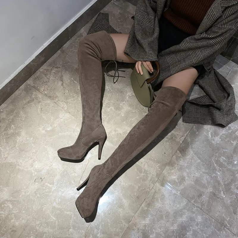 

2021 New Over The Knee Boots Women Round Toe Thigh High Stretch Boots Sexy Super High Heels Platform Women Boots Big Size