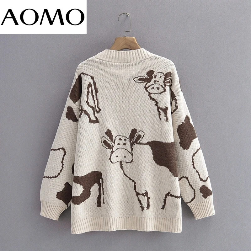 

AOMO 2021 Winter Women Animal Print Knitted Cardigan Sweater Jumper Vintage Long Sleeve Button-up Female Outerwear 1F287A