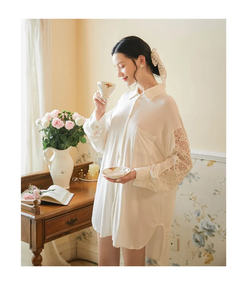 

2pcs New Long-sleeved Lace Shirt Pajamas Suit Women Spring Autumn Simple Trousers Loose Large Size Modal Home Service