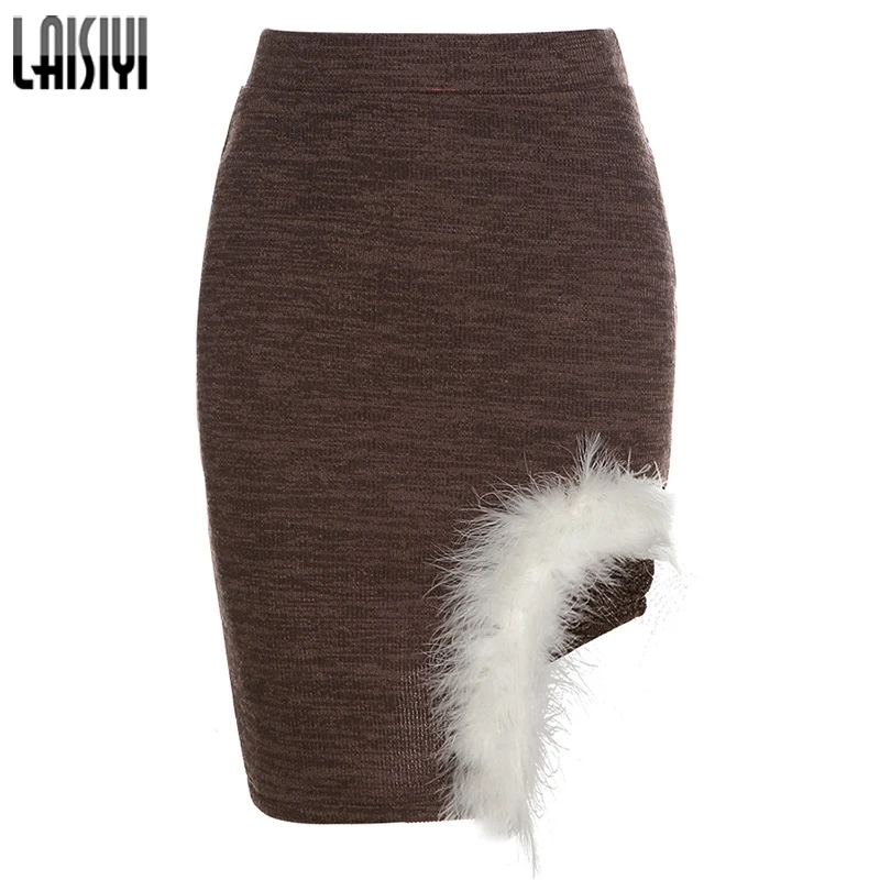 

LAISIYI women autumn winter woolen velvet irregular skinny mini skirt female high waist bodycon short skirt 2021