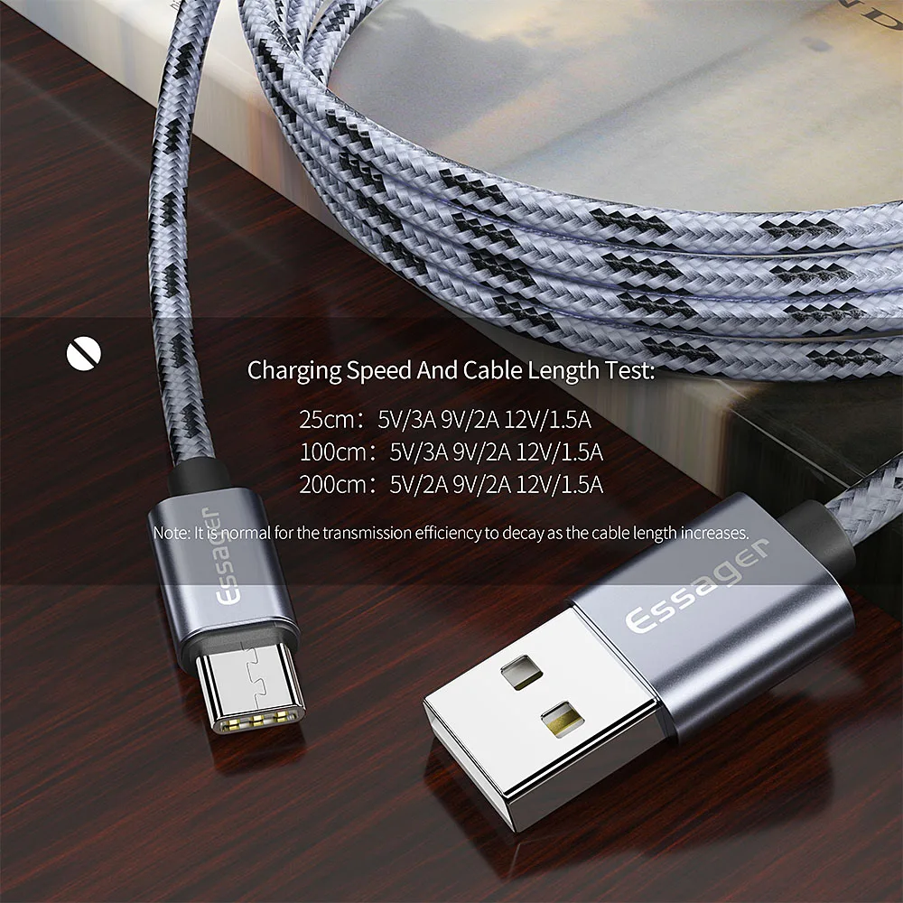 Кабель USB Type C Essager 3A для быстрой зарядки 3 м USBC кабель Type-C Xiaomi K20 Samsung S10 Oneplus 7 Pro