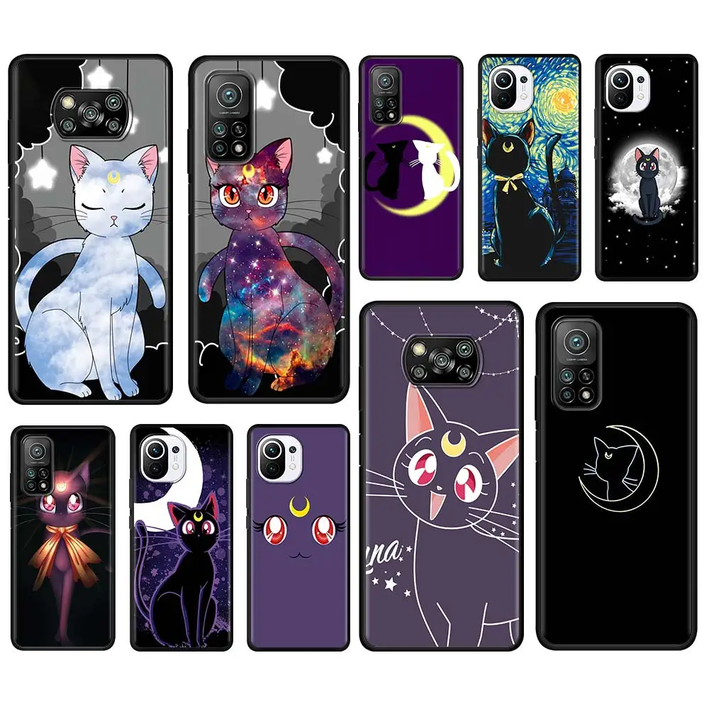 

Mobile Phone Case For Xiaomi Mi Poco X3 NFC 10T Pro 5G M3 11 Note 10 Lite Black Shell 9T 11x Cushion Cover Anime Moon Cat Couple