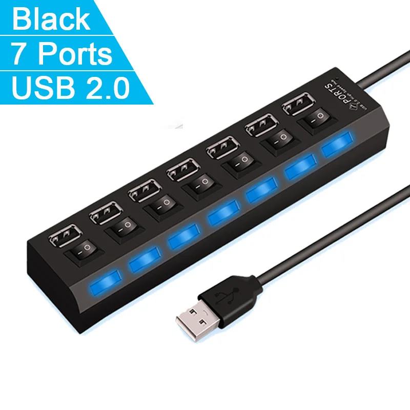 7 портов высокоскоростной usb-хаб 480 Мбит/с USB 2,0 Hab Переключатель ВКЛ/ВЫКЛ концентратор USB разветвитель для ПК ноутбук компьютер периферийные устройства Аксессуары - Цвет: Черный