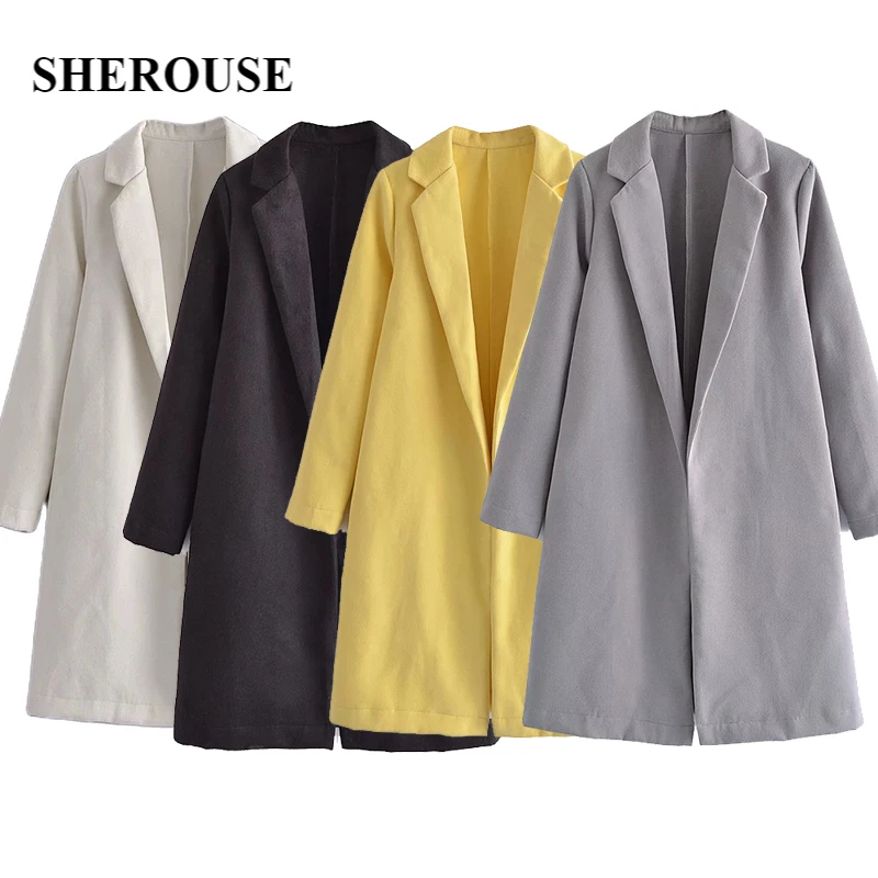 

SHEROUSE Women Fashion Open Long Coat Lapel Collar Side Hidden Pockets Long Sleeves Vintage Woman Oversized Outwear