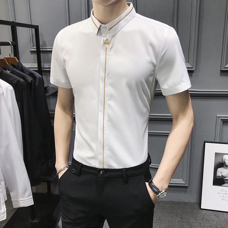 Мужская Облегающая рубашка с коротким рукавом черная/белая под смокинг