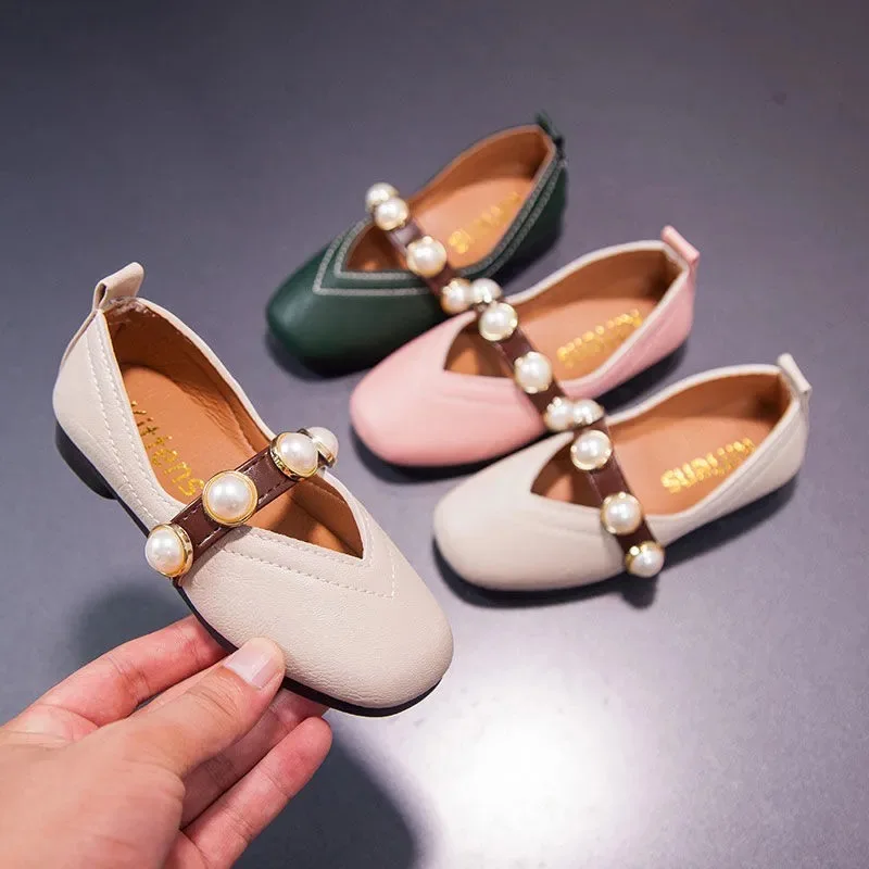 

Pearl Children's Flats Lace Big Flower Princess Party Performance Shoes Big Student Girl Shoes for Kids Soft Sole Leather Flats