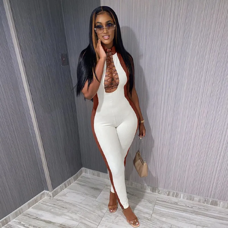 

Long Pants Bodycon Playsuit Women Patchwork Front Lace-up Sleeveless Jumpsuit Female Trousers Clubwear Party Streetwear Femme