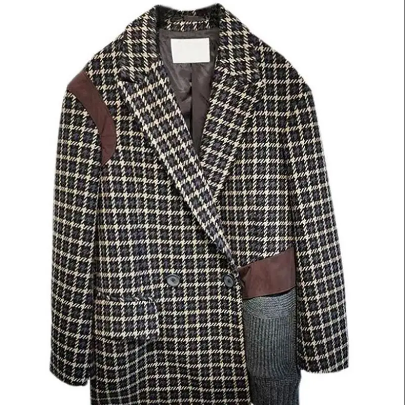 

TVVOVVIN Women Coat Knitting Patchwork Plaid Coats Jackets Women Color Matching Plus Size Vintage Casual Winter Coat Women SFEA