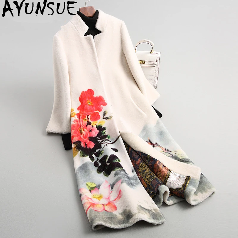 white AYUNSUE Натуральная Овечья шерсть шуба женская шерстяное пальто зимняя куртка женская с принтом Корейская длинная куртка Chaqueta Mujer MY4040 - Цвет: white