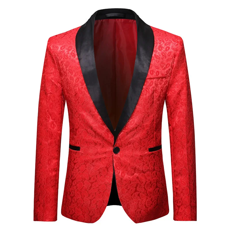 

Blazer Shawl Lapel Men 1 Button Tuxedo Jacket Jacquard Banquet Singer Host Stage Costume Nightclub Ball Business Party Red Black