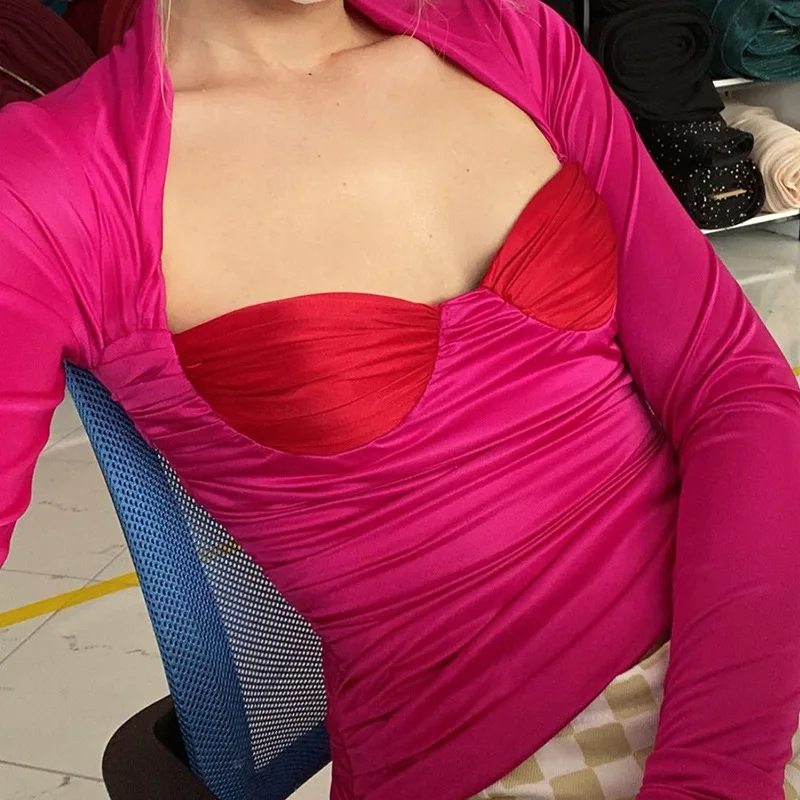 

Женская футболка в стиле High Street, Элегантная Модная облегающая футболка с глубоким вырезом и квадратным воротником и длинным рукавом, осенне...