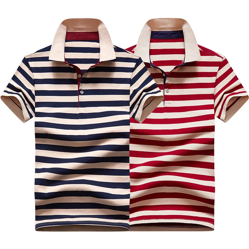 

Free Shipping Men's Fashion Striped Print T-Shirt Lapel Business Casual Sports Tee Summer Cotton Slim-Fit Short Sleeve T-shirt