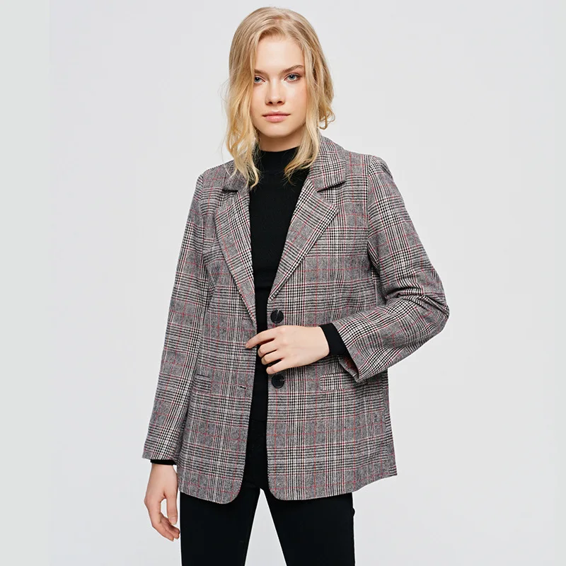 

Elegant Autumn Winter Plaid Women Blazer Coat Causal Long Sleeve Button Coat Fashion Office Ladies Pocket Women Suit Blazer