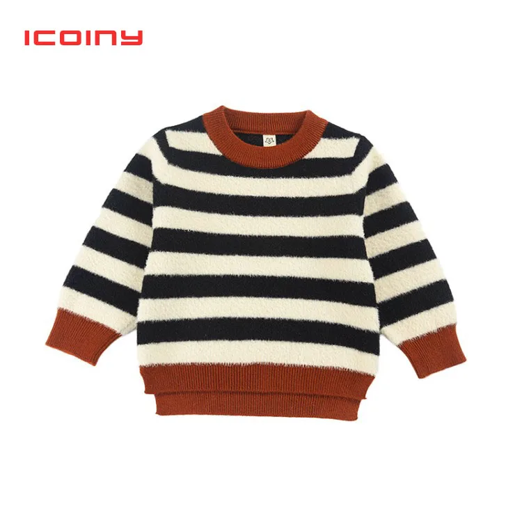 Осенне зимний пуловер свитер для мальчиков Детский полосатый вязаный в рубчик
