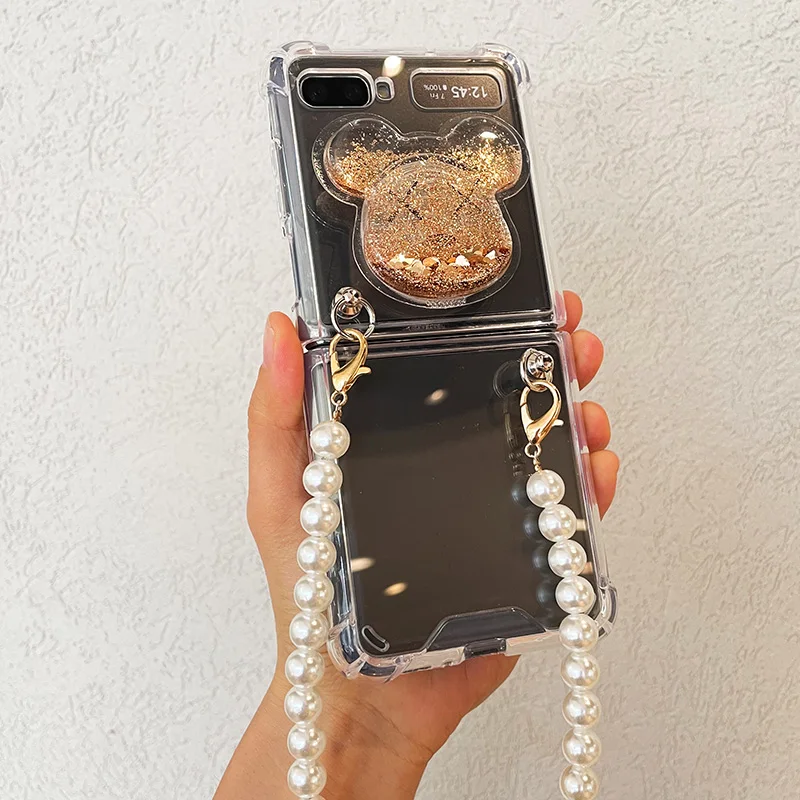 

For Samsung Galaxy Z Flip F7070 F7000 Cover Quicksand Bear Stand Transparent Mobile Phone Case for 5G ZFlip Cover Cases