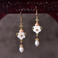 korean style natural pearls earrings for women rhinestone flower dangle earrings jewelry