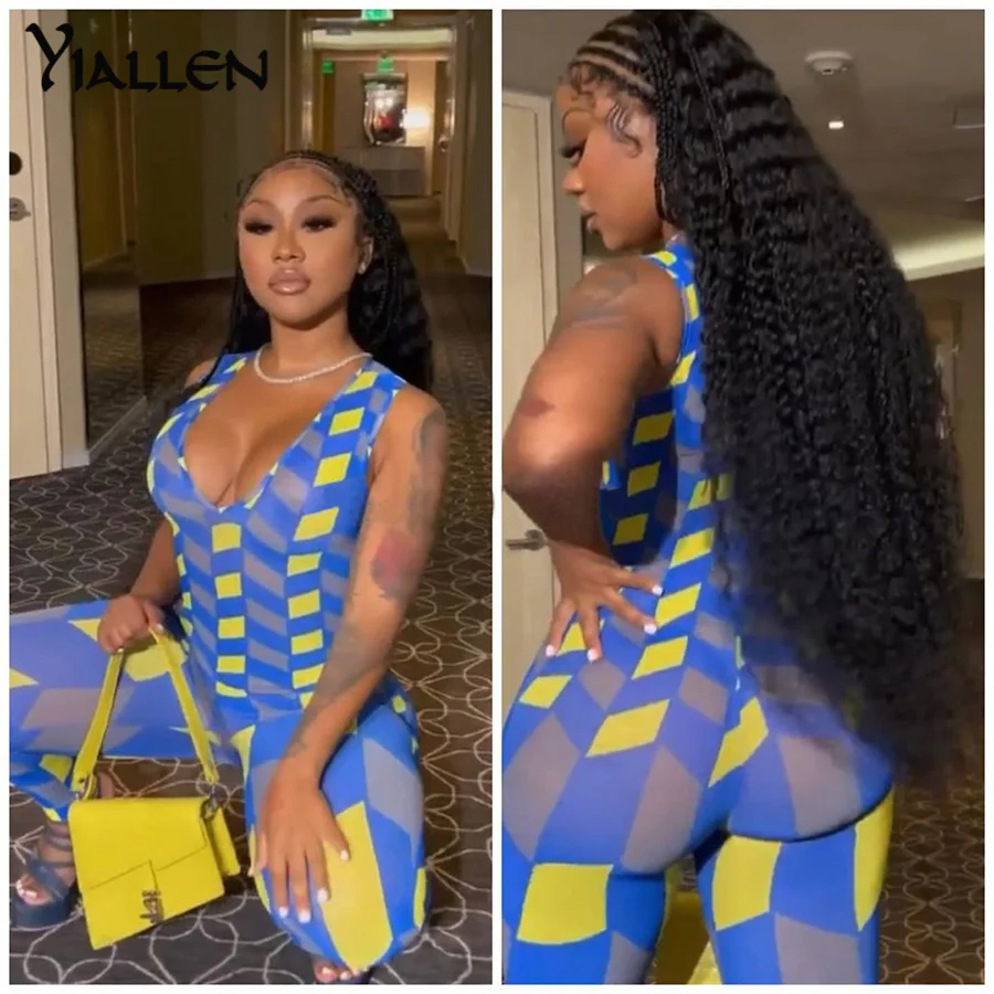 

Yiallen Summer New Skinny Fitness Jumpsuits Women Geometric Pattern Printing Sleeveless Sportywear Activity Workout Long Rompers