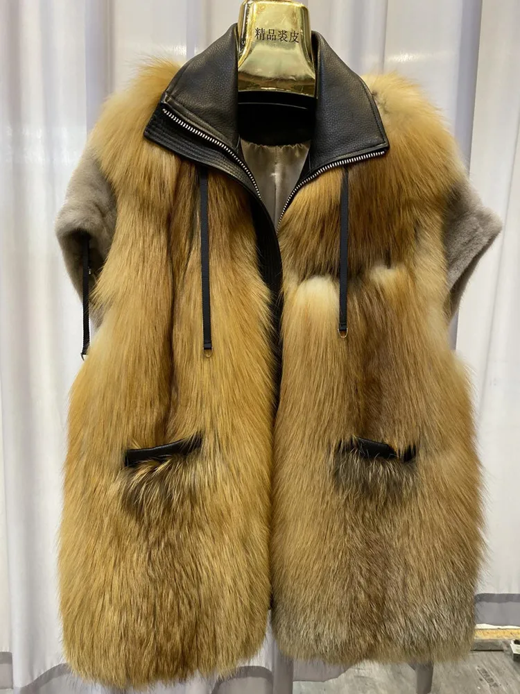 

Whole Skin Real Mink Fur Vest Women Winter Genuine Leather Real Red Fox Fur Waistcoat Sleeveless Jacket