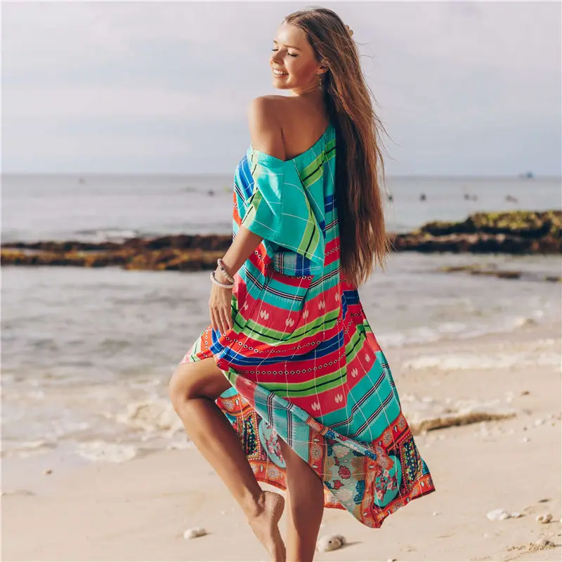 Хлопковое пляжное платье Длинная пляжная туника с принтом парео женский пляжный