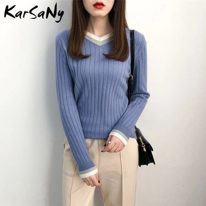 Autumn V-neck Cashmere Sweater Women Vintage Jumper Blue Knitted Striped Sweaters For White Pullover Winter Warm | Женская одежда