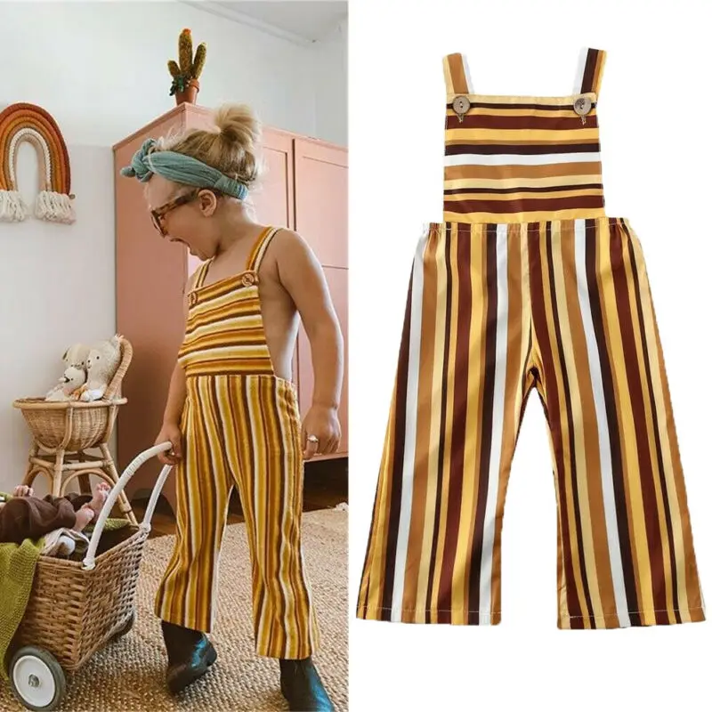 2020 одежда для маленьких девочек Комбинезон в полоску с поясом сарафан без