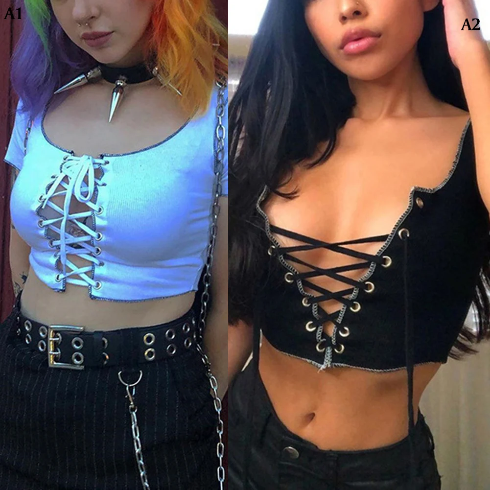 Кроп-топ ZEBERY женский в стиле Харадзюку черная ажурная футболка с завязками