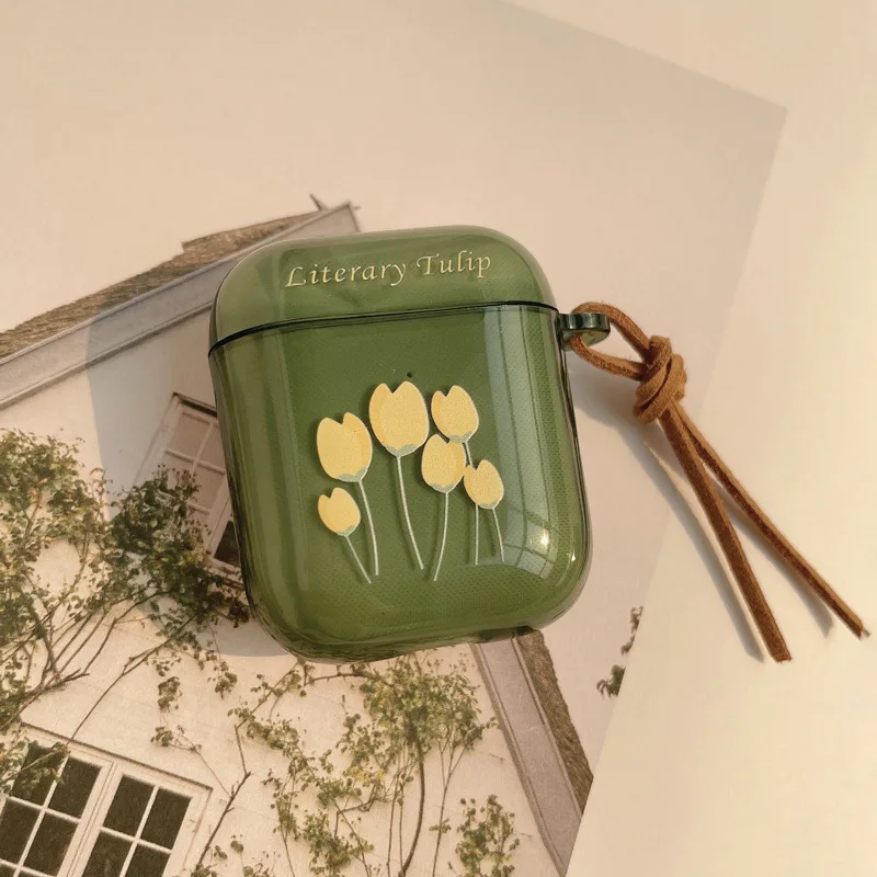 

Green Literary Tulip Wireless Earphone Case with Pendant For Apple Airpods 1 / 2 / Pro / 3 High Quality Headphone Cover