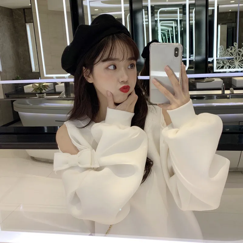 WHITNEY WANG осень мода уличная выдалбливают плеча свитер с бантом женские толстовки пуловер