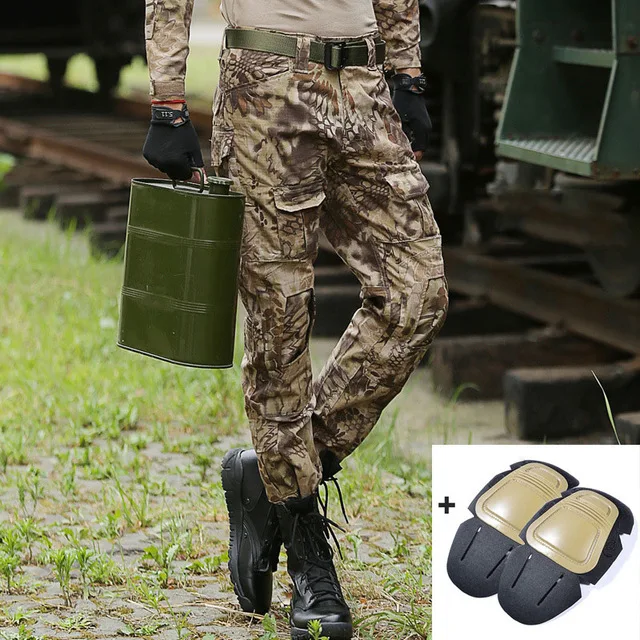 With knee pads Военные тактические брюки мужские камуфляжные Панталоны лягушка брюки карго наколенники рабочие брюки армейские охотники спецназ боевые брюки - Цвет: With knee pads