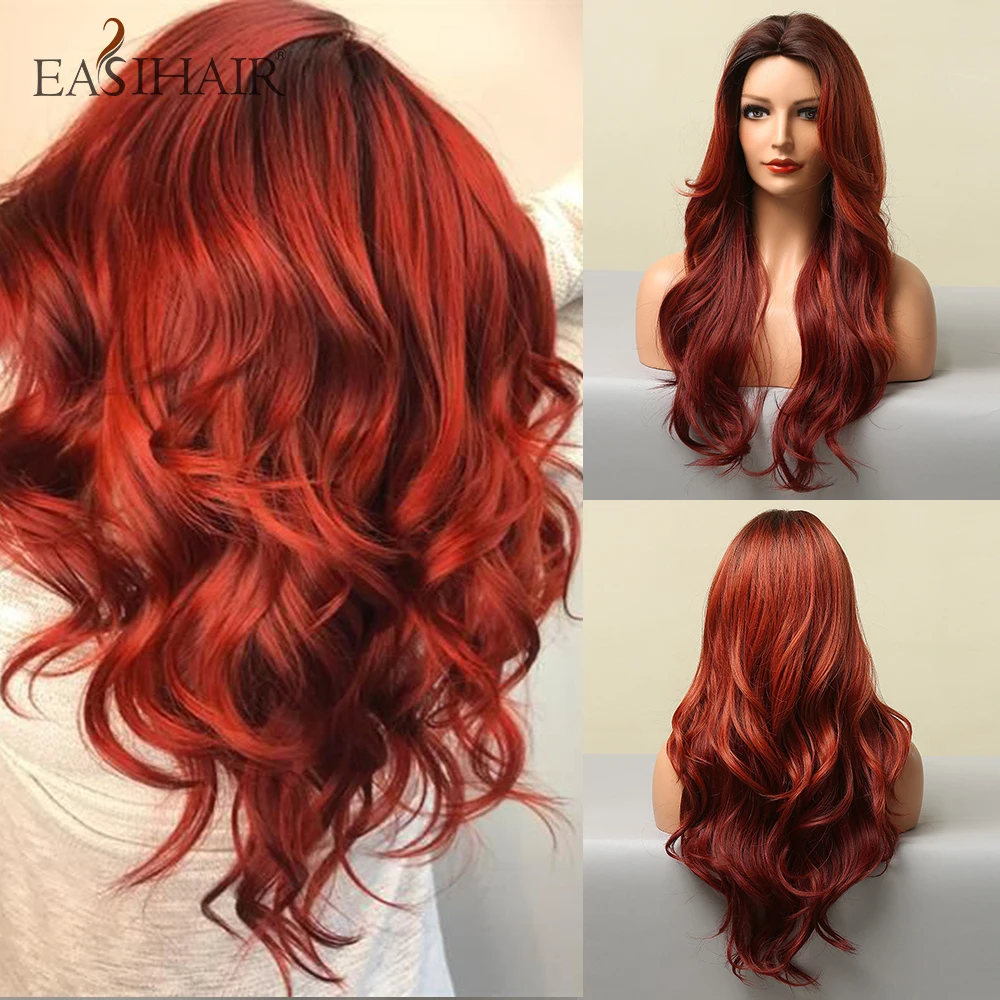 

EASIHAIR Long Red Synthetic Wig Brown to Win Red Ombre Cosplay Wig for Women Natural Hair Wig Cosplaysalon Heat Resistant
