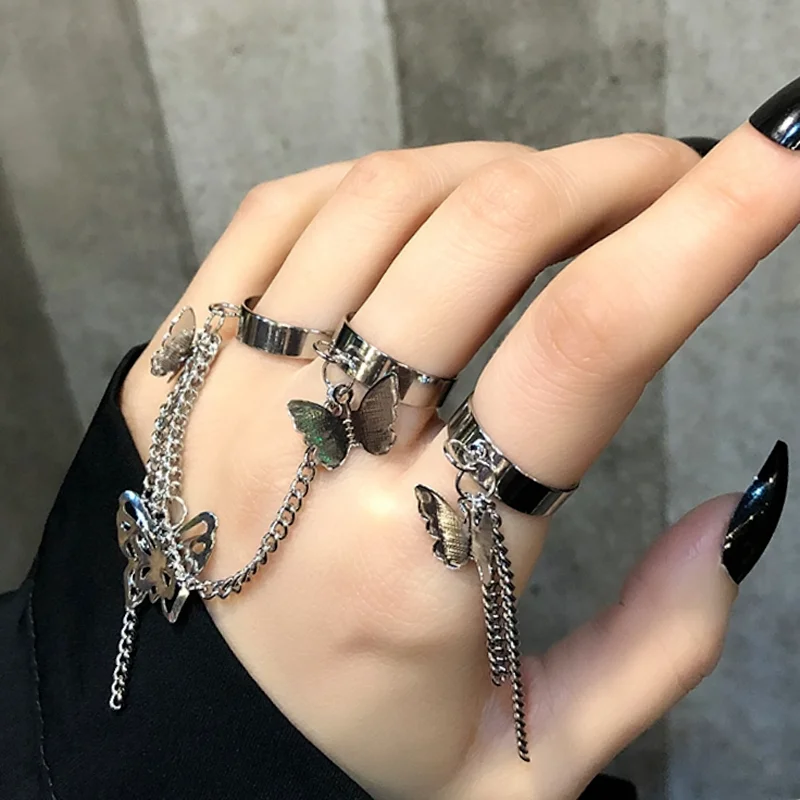 

Fashion Hip-hop Dark Wind Butterfly Chain Ring Tassel Set Opening Adjustable Ring Punk Style Personality Three-ring Ring Female