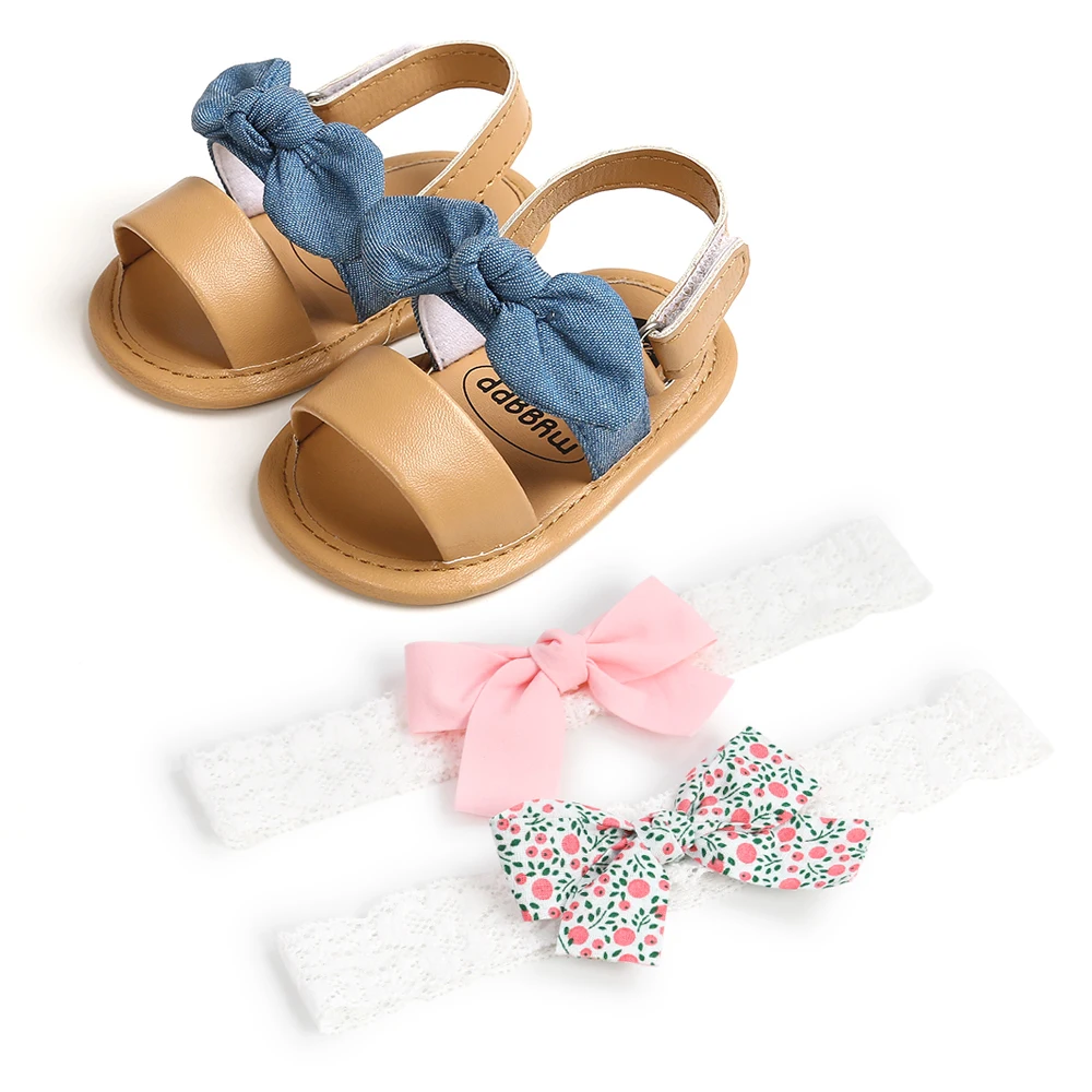 

2021 Baby Girls Bow Knot Sandals with 2 Pcs Hairband Cute Summer Soft Sole Flat Princess Shoes Infant Non-Slip First Walkers