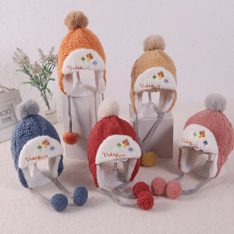 

Children's hats autumn and winter pompom warm caps, boys and girls treasure plush Korean casual ear protection new warm hat