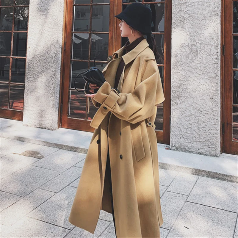 

Jacket Quality European Autumn Highest Women Large Size Long Loose Khaki Windbreaker Long Trench Coat Woolen Greatcoat Jacket