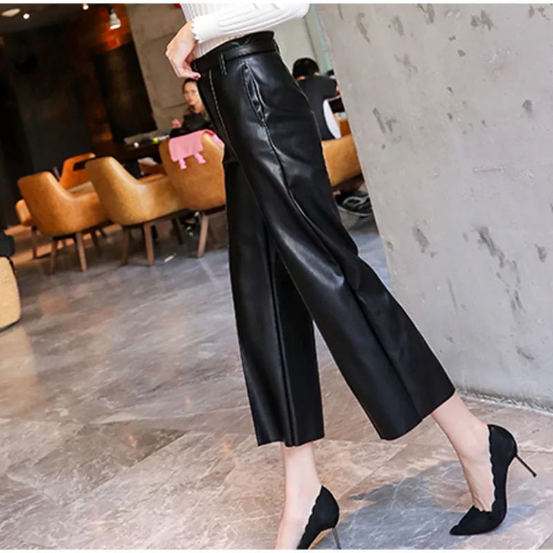 Autumn Faux PU Leather Pants Women With Belt High Waisted Wide Leg Anke-length Women's Trousers Winter NEW Fashion Clothes