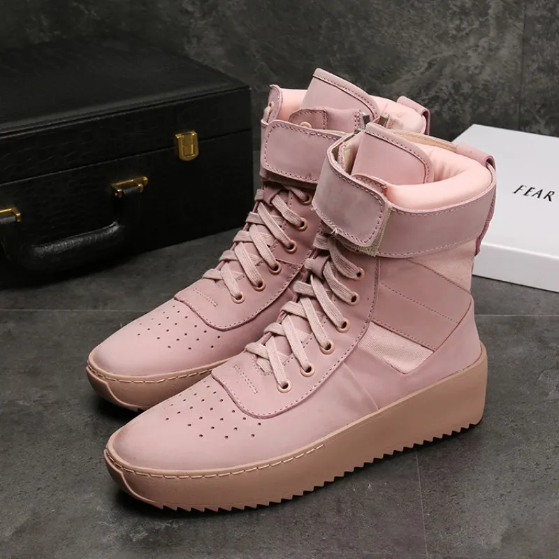 Мужские кроссовки с высоким берцем розовые из натуральной кожи на плоской