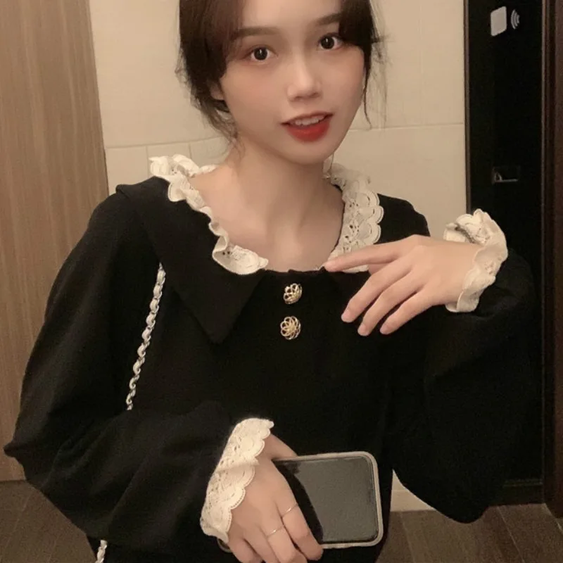 

Blouses Women Ruffles Patchwork Peter Pan Collar Spring Preppy Style Ladies Leisure All-match Elegant Long Sleeve Student Simple