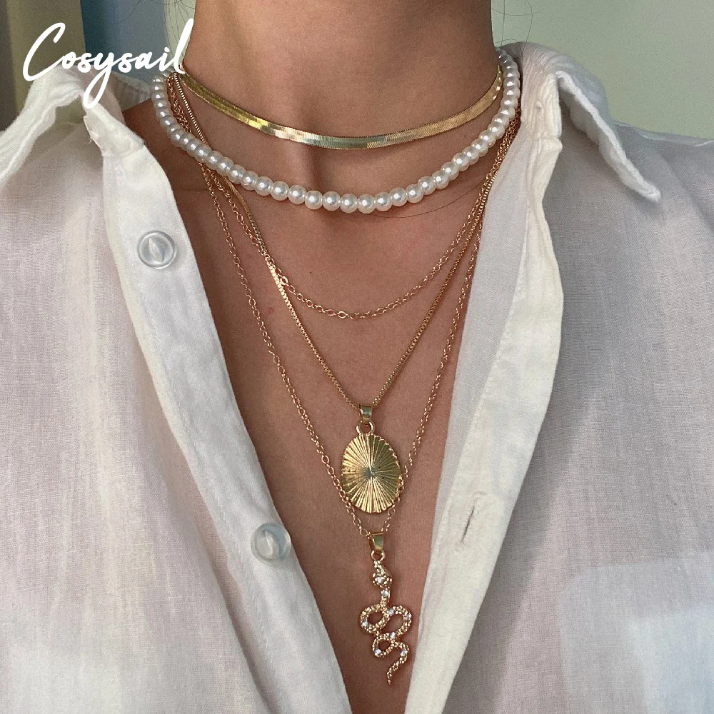

Cosysail 3pcs/set Multi Layer Snake Pendant Necklace Set for Female Punk Pearl Beaded Choker Necklace Statement Jewelry Gift