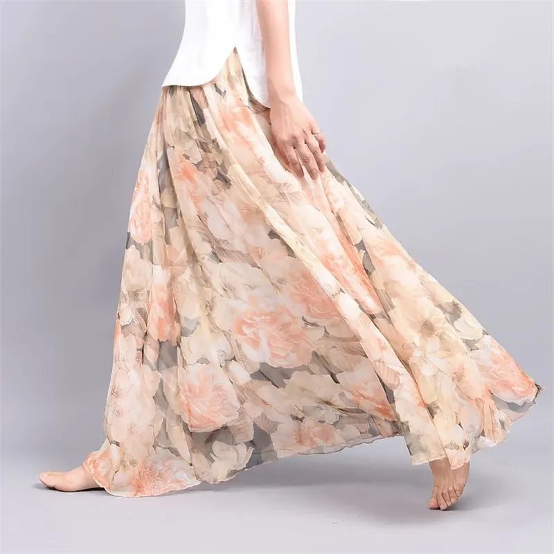 

Zoulv Summer Bohemia Fashion Vintage Chiffon Floral Printed Women Boho Floor -Length Long Maxi Beach Party Loose Flare Skirt