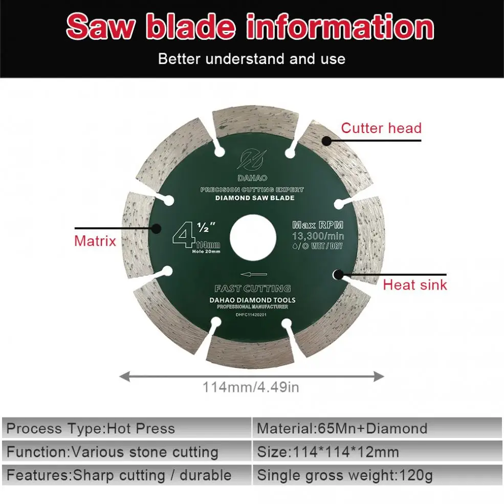 

114mm Split Tooth Segmented Shape Diamond Saw Blade Volcanic Rock Cutting Blade Support Wet and Dry Cutting for Concrete / Stone
