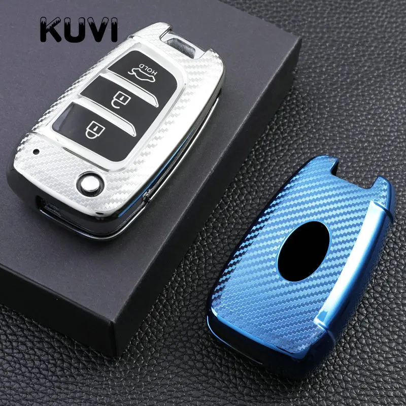 Carbon Fiber TPU Car Flip Key Case Cover For Hyundai Elantra Solaris Tucson i30 i35 i40 KONA Genesis Santa Fe Azera Holder Shell