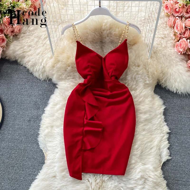 

HangCode Sexy Backless Chains Spaghetti Strap Mini Dress 2021 Women Night Club Party Dress Slim Ruffled Bodycon Summer Dress