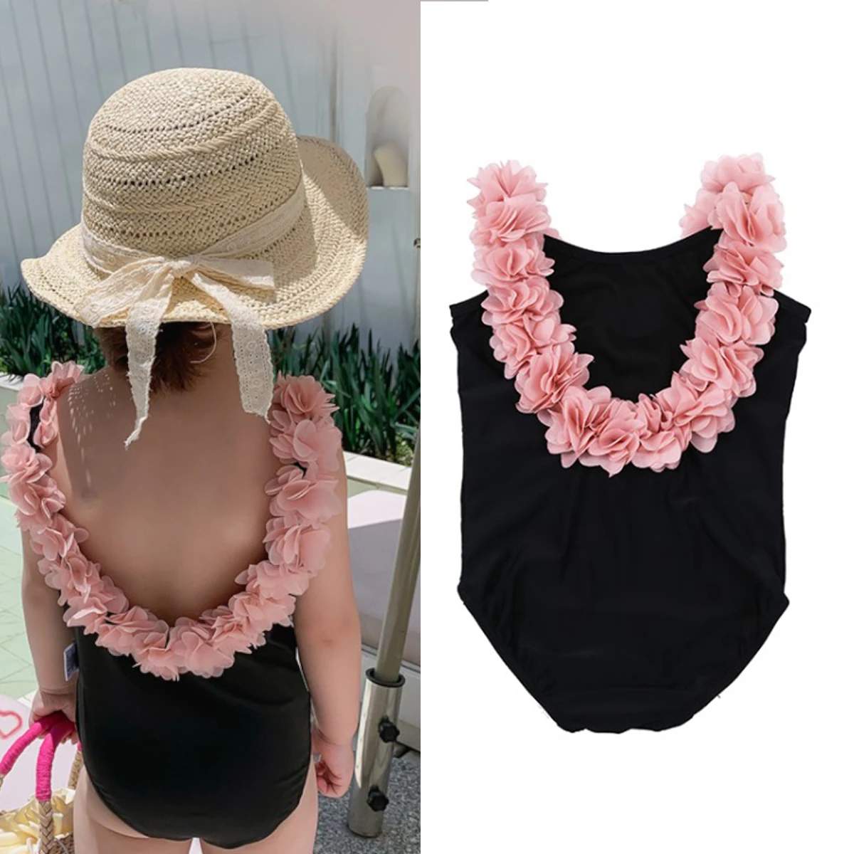 

Black Beach Wear Suit for Girl Flower Swimsuit Toddler Baby Girls Kids Fancy One-Piece Swimwear 2~9Y Girl Bikini Kids Clothes