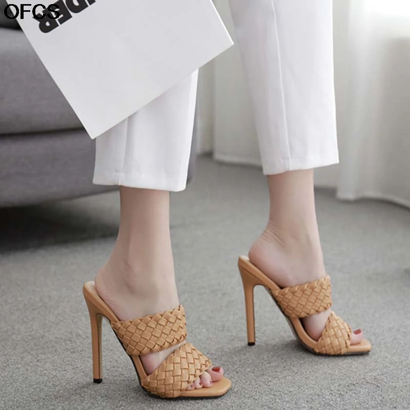 

Summer High Heel Slippers Sandals Women PU Leather Square Toe Weave Slippers Roman Outdoor Sandals Women Shoes 35-42