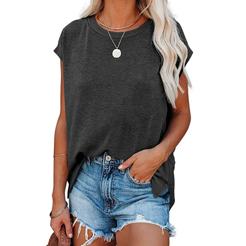 

Футболка женская повседневная с коротким рукавом, однотонная модная повседневная винтажная Свободная рубашка с круглым вырезом, топ на лет...