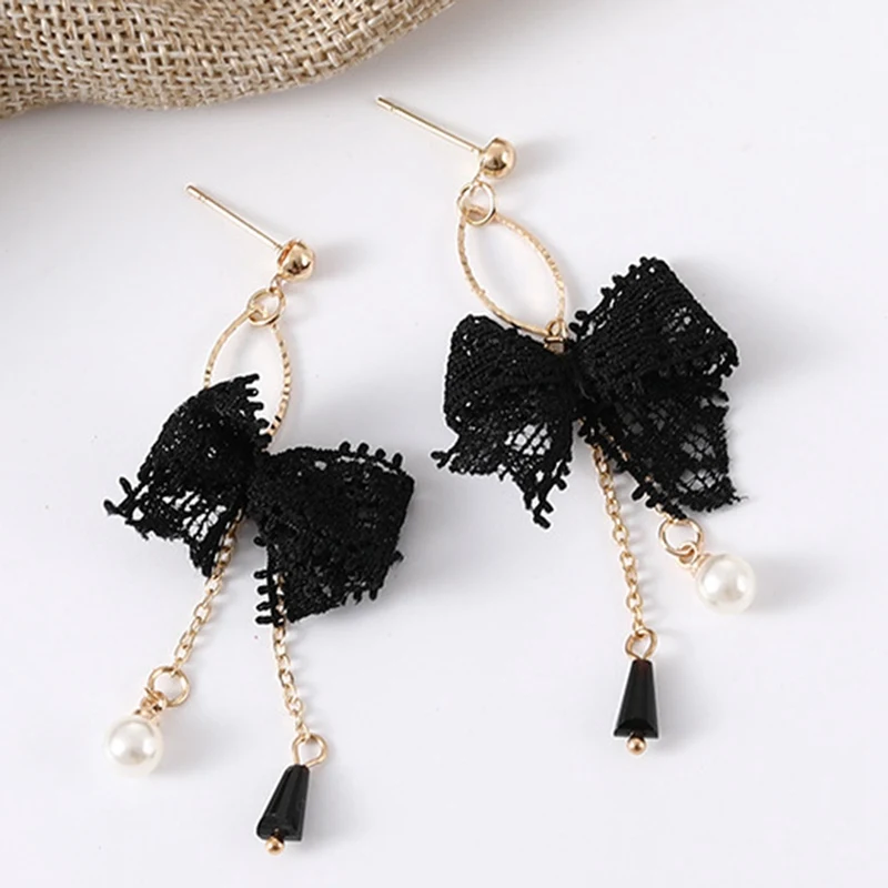 Новые модные милые кружевные серьги с бантом и кисточками жемчужные кристаллами