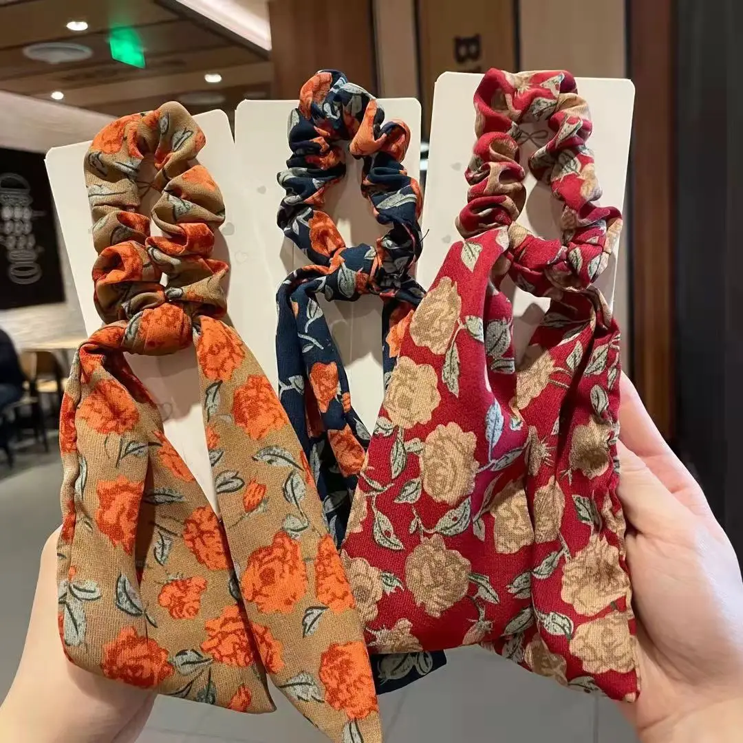 

Fashion Floral Print Scrunchies Solid Long Hair Ribbon For Women Ponytail Scarf Sweet Elastic Hair Band Accessories