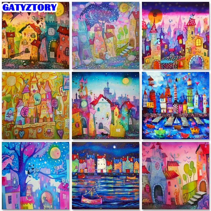 

60x75cm Frame Paint By Number For Adults Abstract House Landscape Acrylic Paint On Canvas Pictures By Numbers For Home